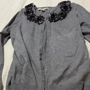 Gray Cardigan with Black Floral Embellishments generous size small